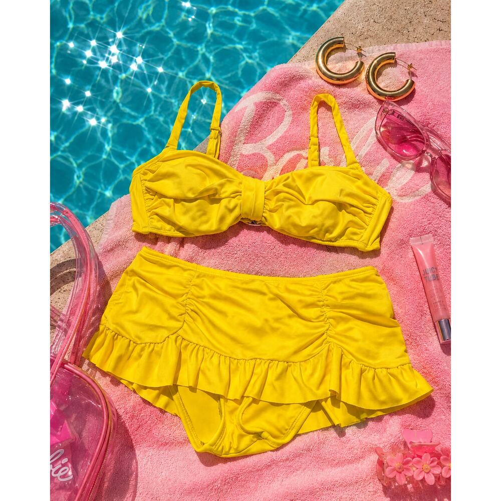 Bisou Bisou Yellow Ruffle Bikini Set Swim Skirt Bottom Large